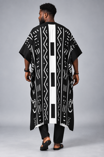 Mudcloth Print Batwing Sleeve Kaftan — Men's V-Neck Robe