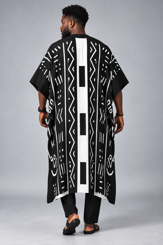 Mudcloth Print Batwing Sleeve Kaftan — Men's V-Neck Robe