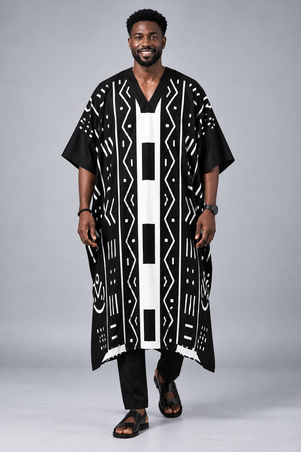 Mudcloth Print Batwing Sleeve Kaftan — Men's V-Neck Robe