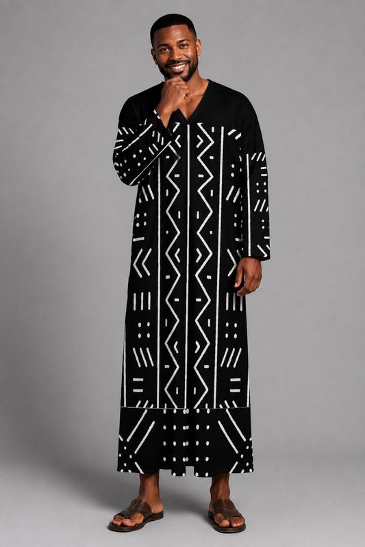 Mudcloth Print Long-Sleeve Robe — Men's V-Neck Kaftan