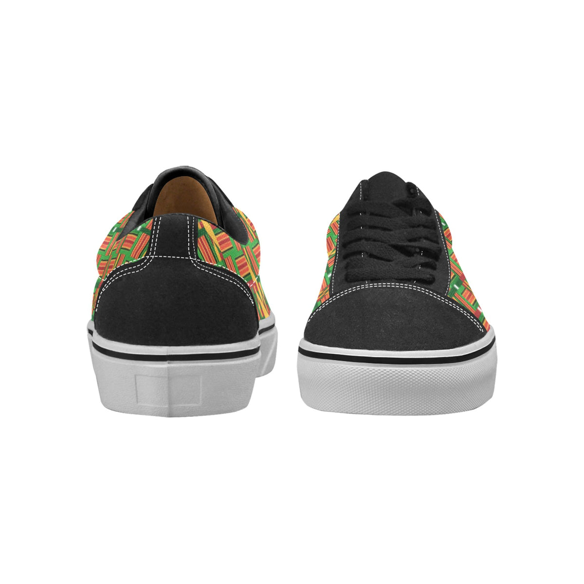 Kente Print Men’s Low-Top Skate Sneakers — Black Suede Accents (ME001-2)