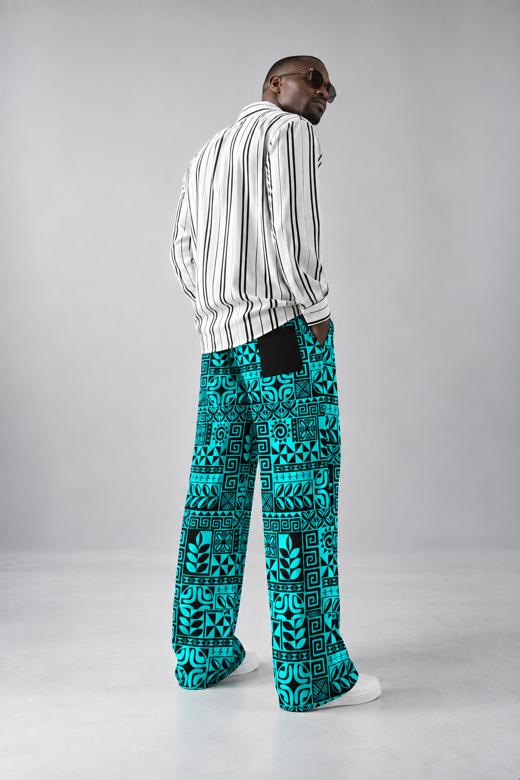 Tribal Print Drawstring Wide Leg Pants — Turquoise & Black