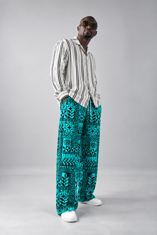 Tribal Print Drawstring Wide Leg Pants — Turquoise & Black