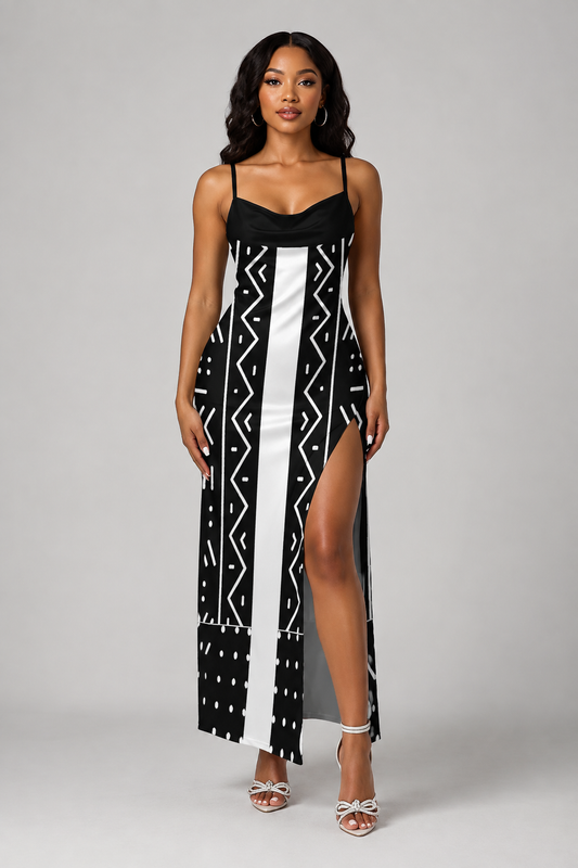 Mudcloth Print Milk Fiber Camisole Slit Dress — Black & White