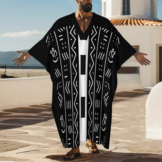 Mudcloth Print Batwing Sleeve Kaftan — Men's V-Neck Robe