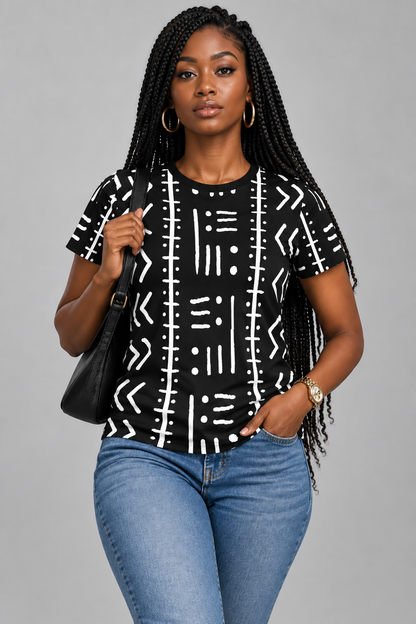 Women's Mudcloth Print, Black & White Relaxed Fit T-Shirt