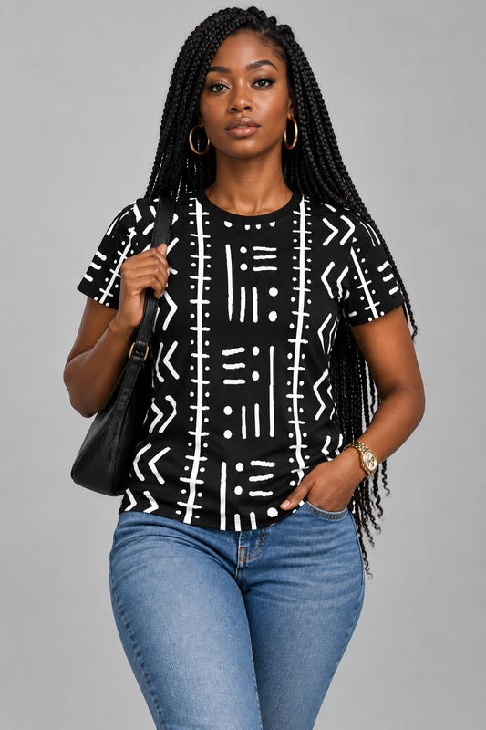 Women's Mudcloth Print, Black & White Relaxed Fit T-Shirt