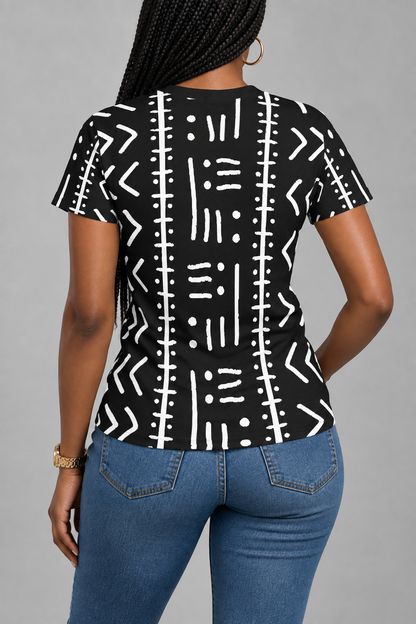 Women's Mudcloth Print, Black & White Relaxed Fit T-Shirt