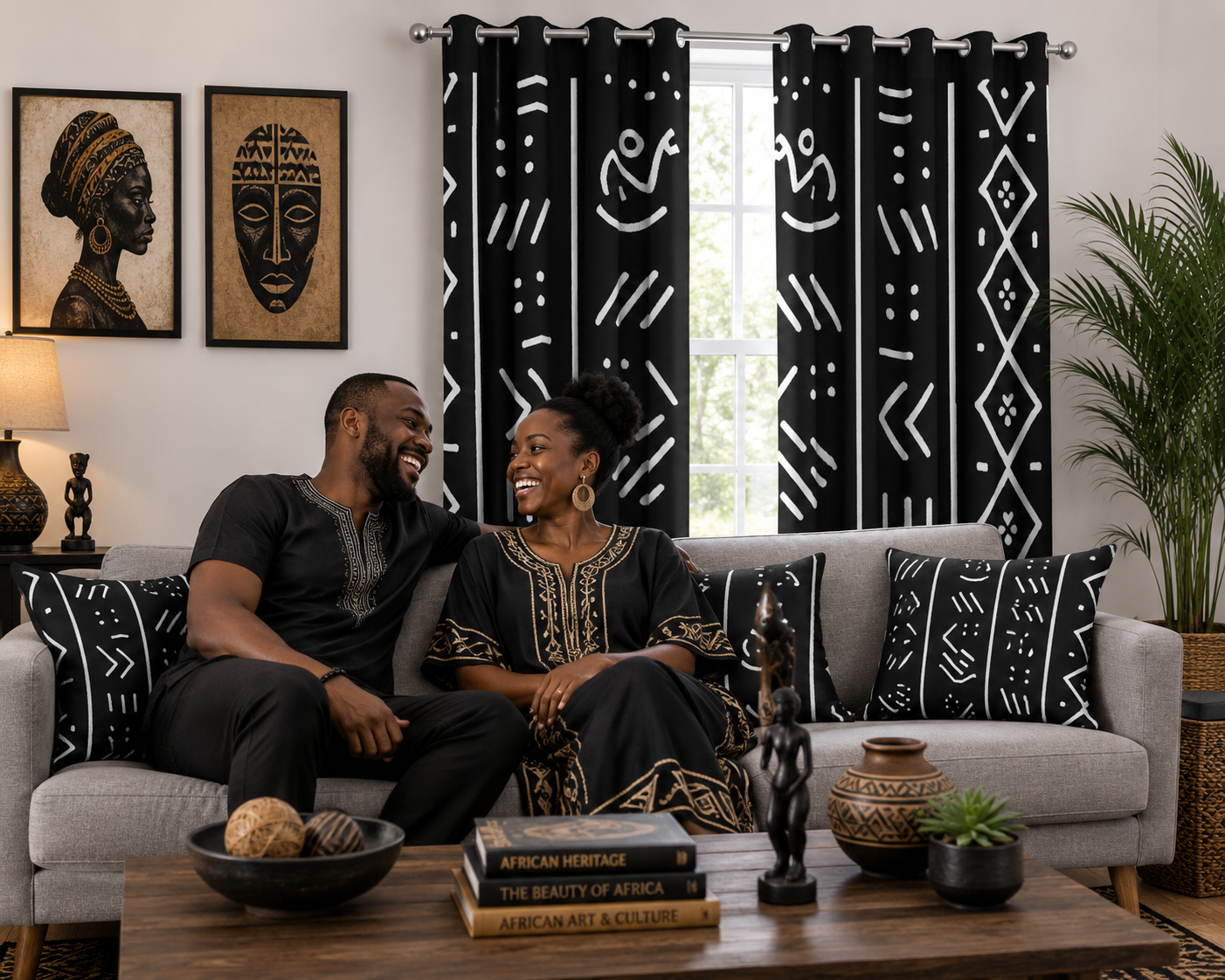 A couple sits on a light gray sofa in a styled living room, with black curtains featuring white geometric and tribal patterns hanging behind them. The room includes framed wall art, a lamp, a plant, and a wooden coffee table in the foreground.