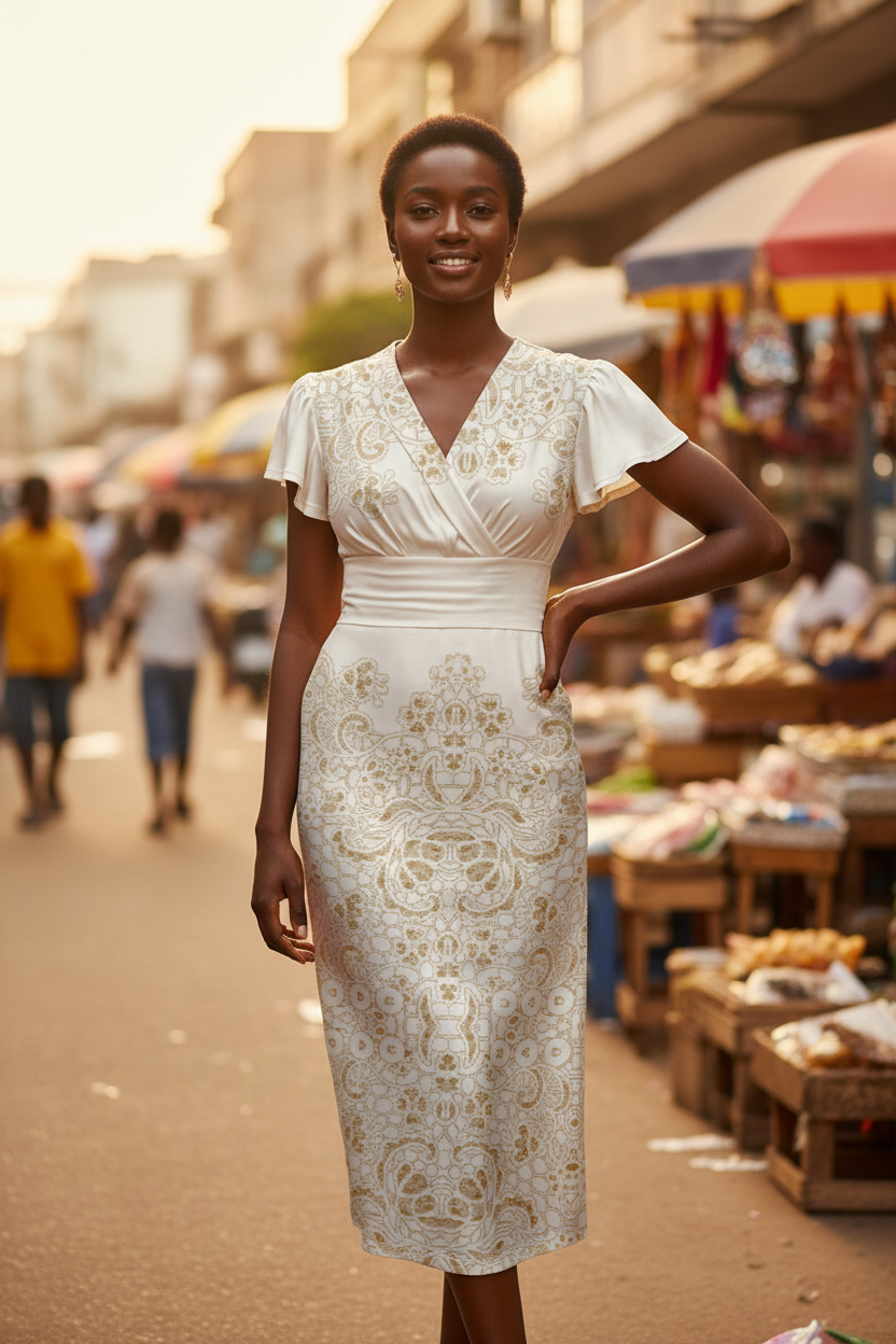 Black West African woman modeling cream and gold baroque jacquard wrap midi dress on a busy street