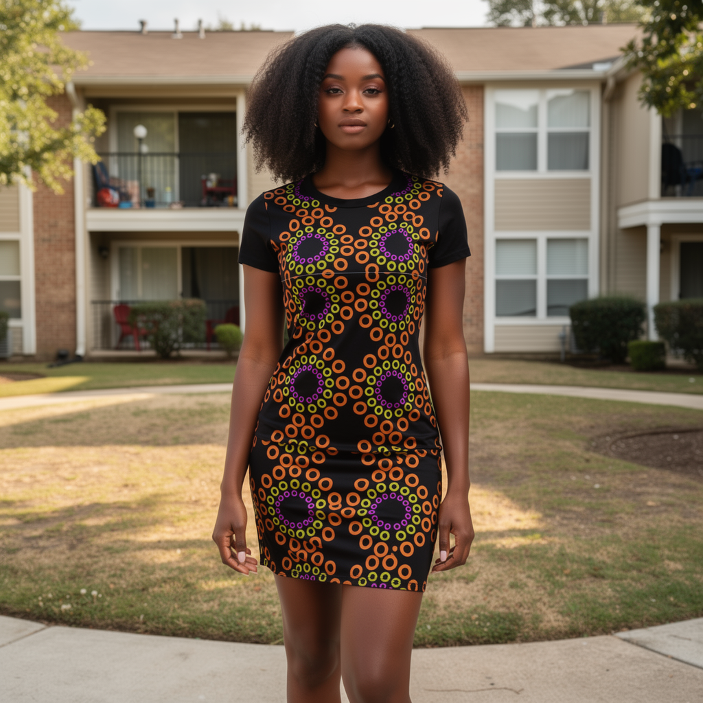 Woman wearing a patterned dress standing in front of an apartment building