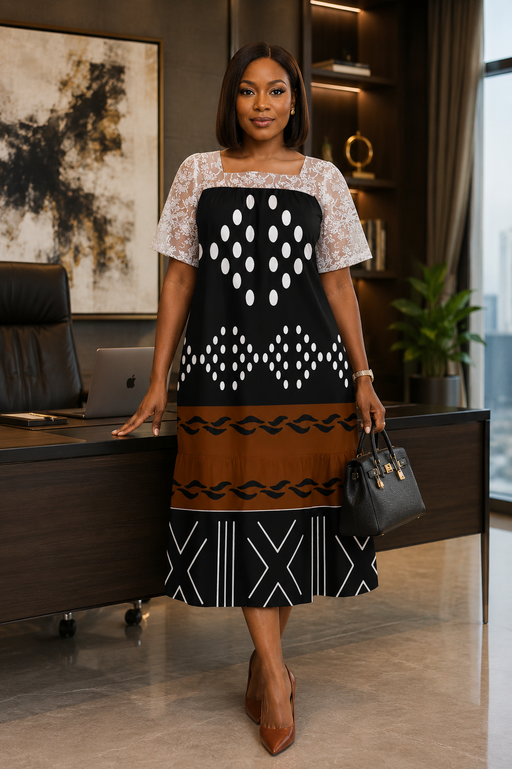 Mudcloth-Inspired Puff Sleeve Square Neck Midi Dress — Plus Size
