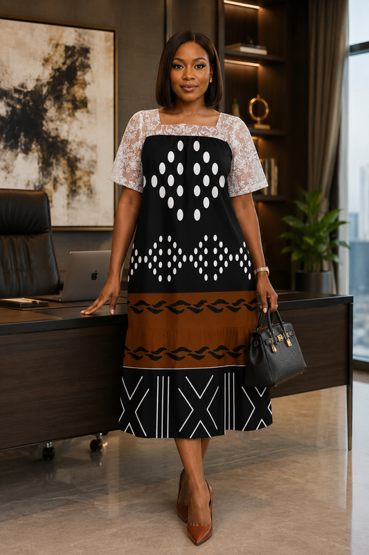 Mudcloth-Inspired Puff Sleeve Square Neck Midi Dress — Plus Size