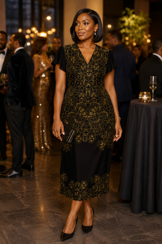 Gold Lace Illusion V-Neck Midi Dress — Wide Waistband