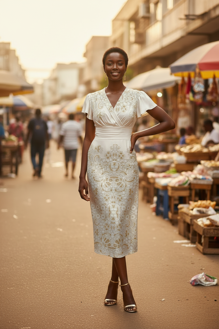Ivory Gold Baroque Wrap Midi Dress – Full Body West African Street Hero