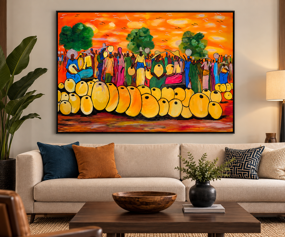 Market Gathering at Sunset — African Village Crowd Wall Art Canvas