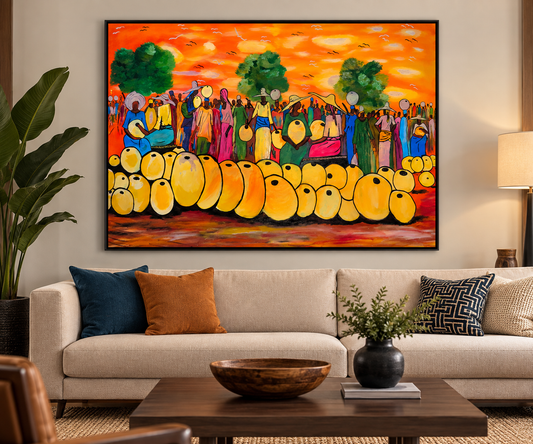 Market Gathering at Sunset — African Village Crowd Wall Art Canvas