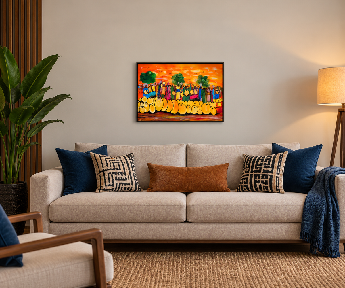 Market Gathering at Sunset — African Village Crowd Wall Art Canvas