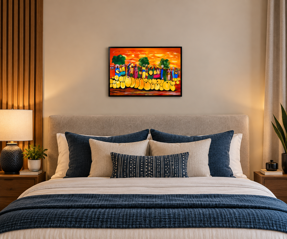 Market Gathering at Sunset — African Village Crowd Wall Art Canvas