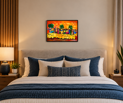 Market Gathering at Sunset — African Village Crowd Wall Art Canvas