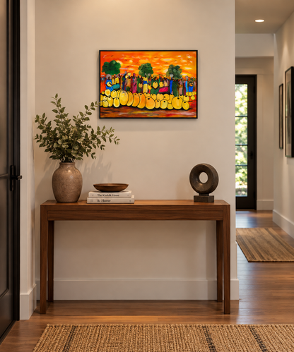 Market Gathering at Sunset — African Village Crowd Wall Art Canvas
