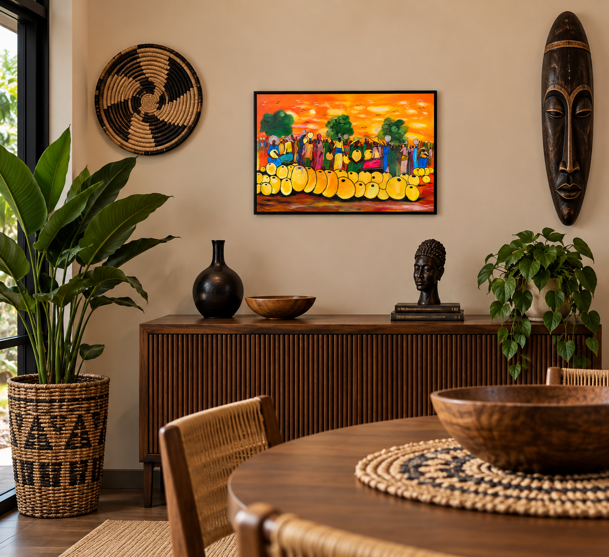 Market Gathering at Sunset — African Village Crowd Wall Art Canvas