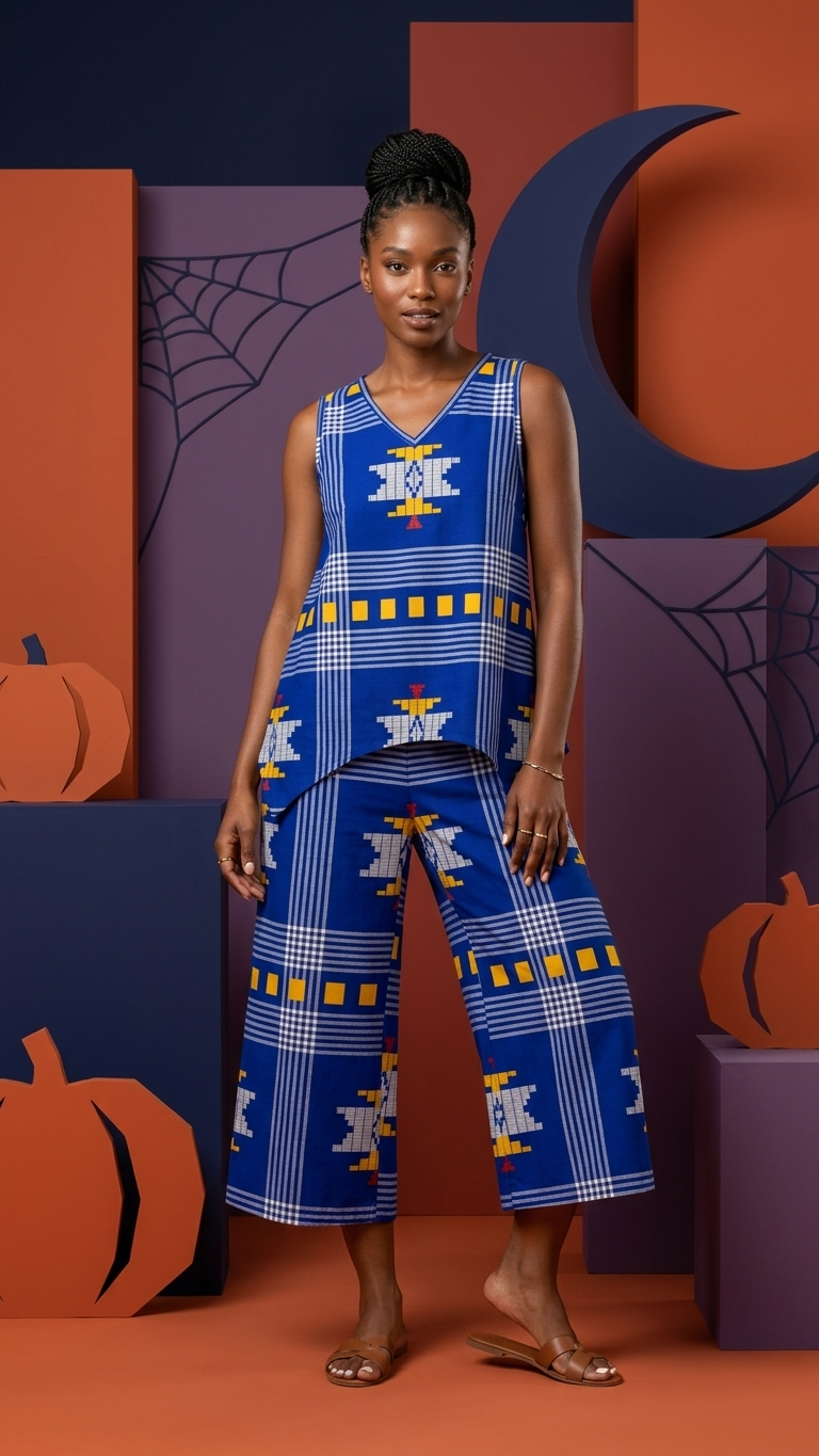 Tribal Print V-Neck Top & Wide Leg Pants Set — Royal Blue
