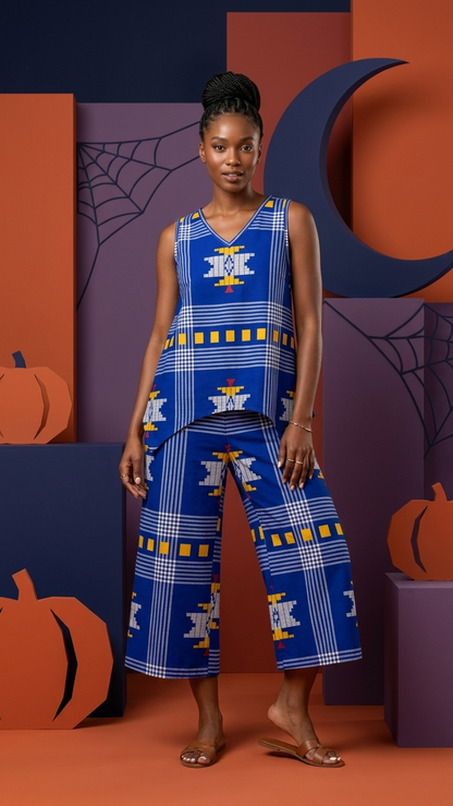 Tribal Print V-Neck Top & Wide Leg Pants Set — Royal Blue