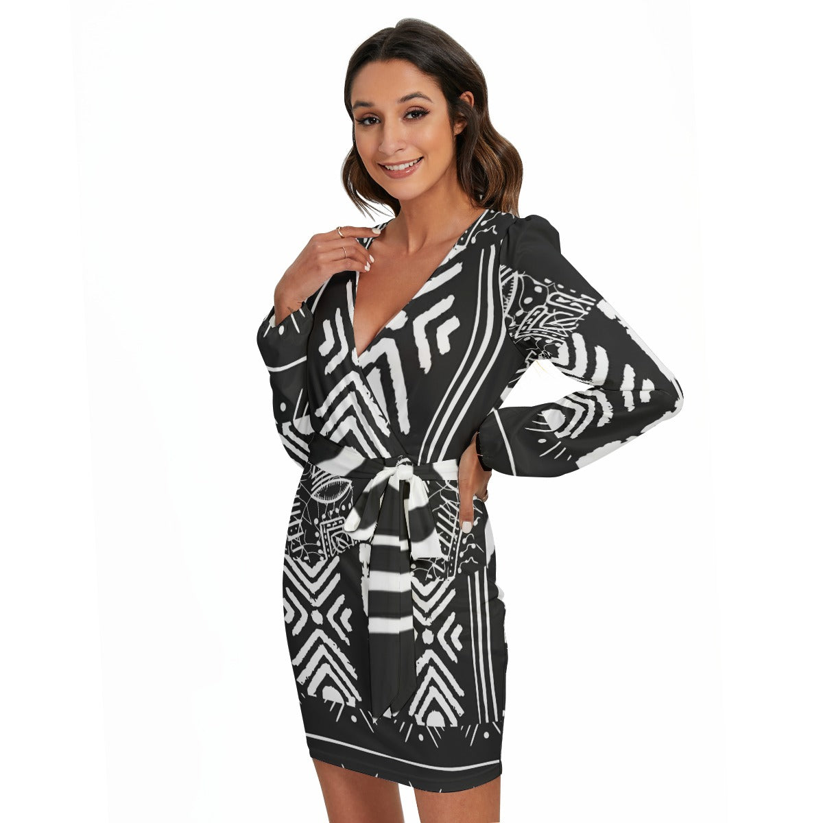 Mudcloth Print Wrap-Style Belted Dress — Long Sleeve