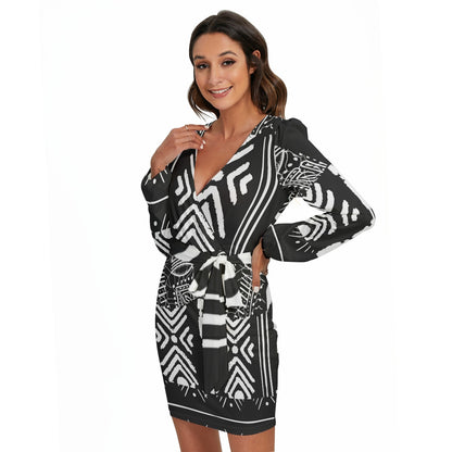 Mudcloth Print Wrap-Style Belted Dress — Long Sleeve