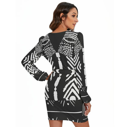 Mudcloth Print Wrap-Style Belted Dress — Long Sleeve