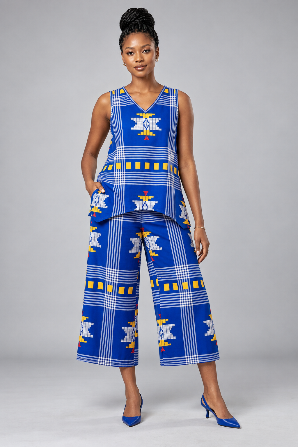 Tribal Print V-Neck Top & Wide Leg Pants Set — Royal Blue