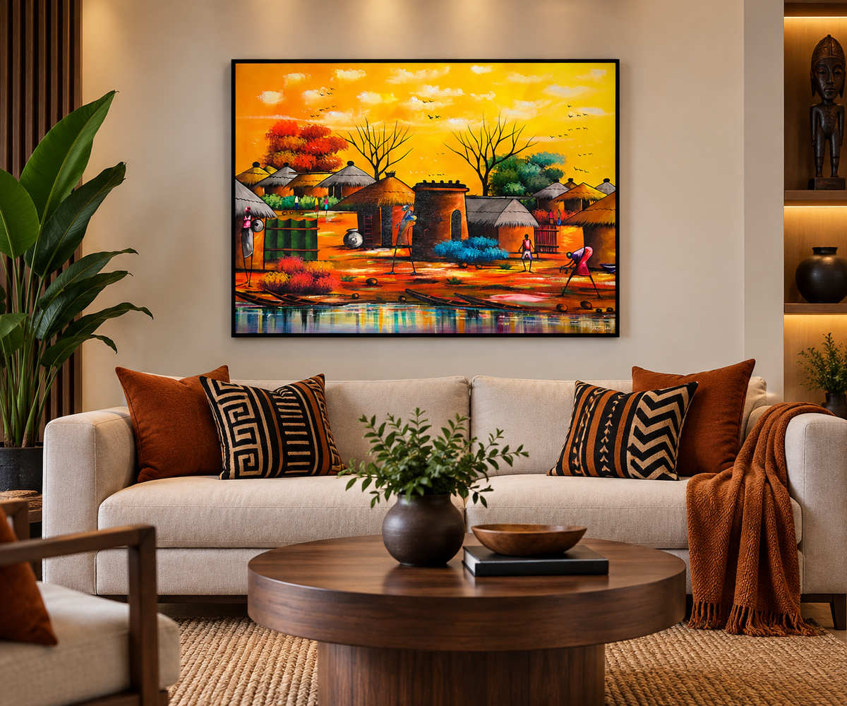 Riverside Village at Golden Hour — African Village Wall Art Canvas