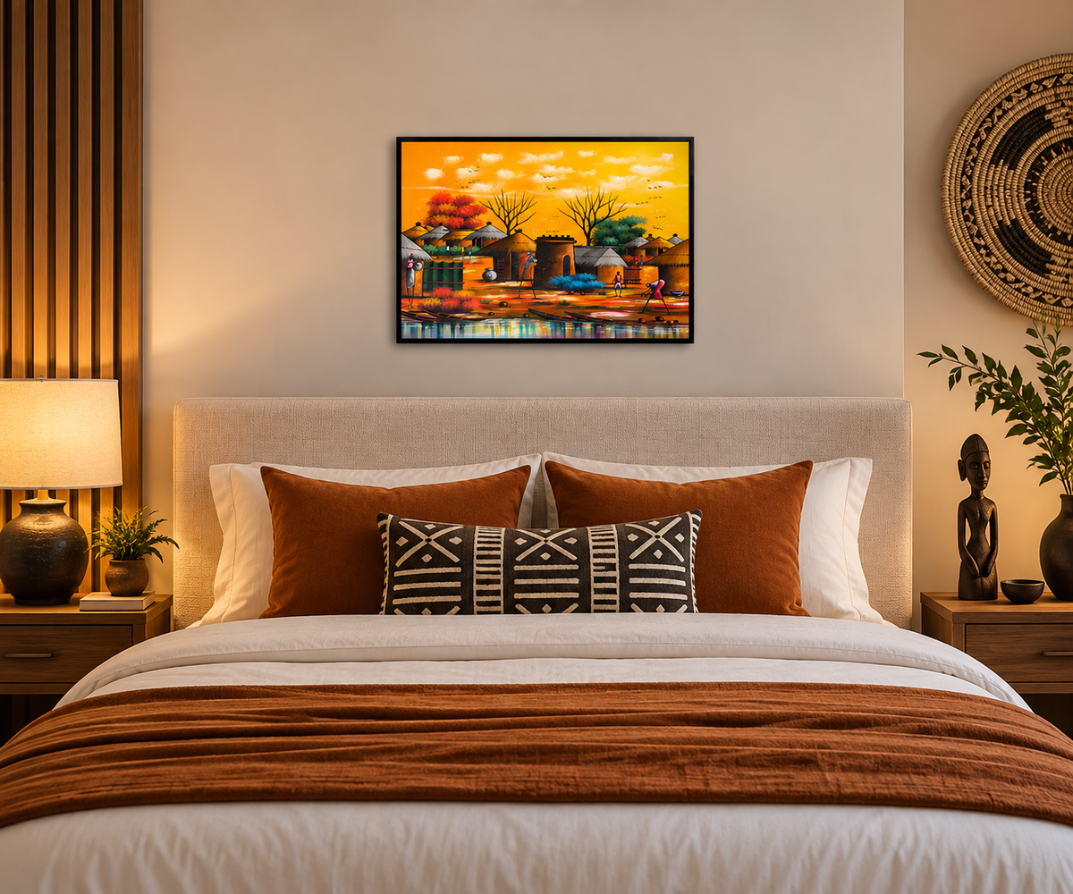 Riverside Village at Golden Hour — African Village Wall Art Canvas