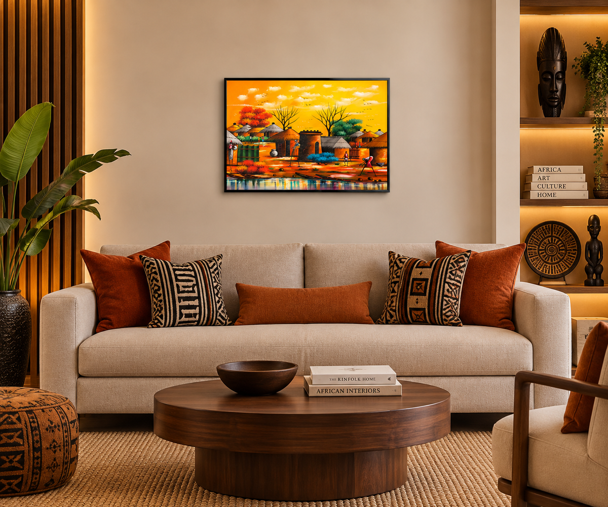 Riverside Village at Golden Hour — African Village Wall Art Canvas