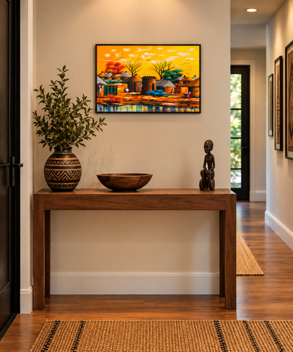 Riverside Village at Golden Hour — African Village Wall Art Canvas