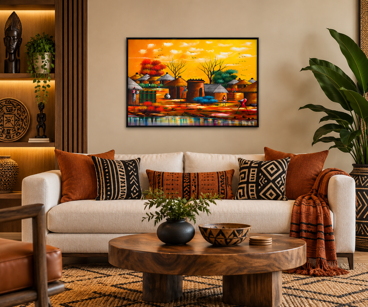 Riverside Village at Golden Hour — African Village Wall Art Canvas